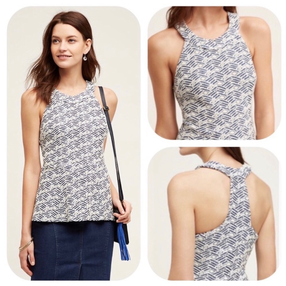 Deletta Anthropologie Edana Blue Ivory Textured Peplum Halter Racerback top